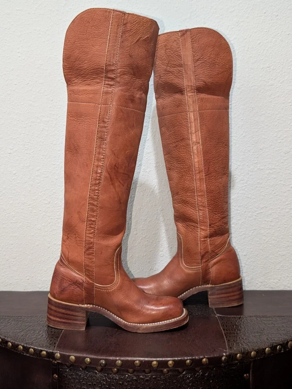 Vintage Frye Made in USA Over The Knee Leather Boots Cognac Brown Size 5.5M